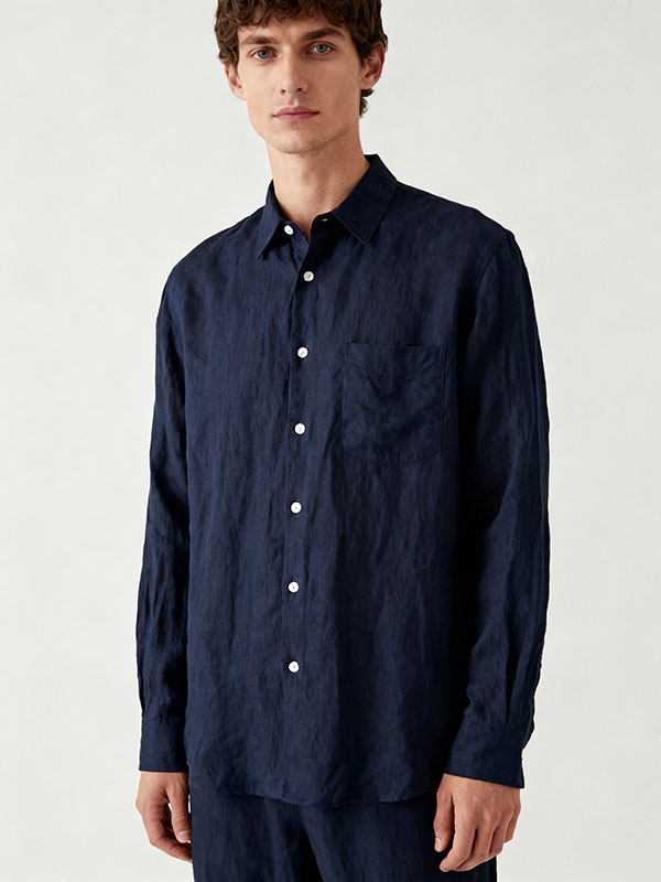 custom navy blue linen shirt